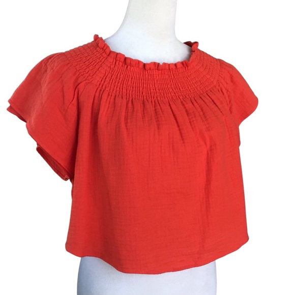 Apiece Apart Boho Red Cotton Cropped Off The Shoulder Ruffle Sleeve Blou… - Picture 8 of 9
